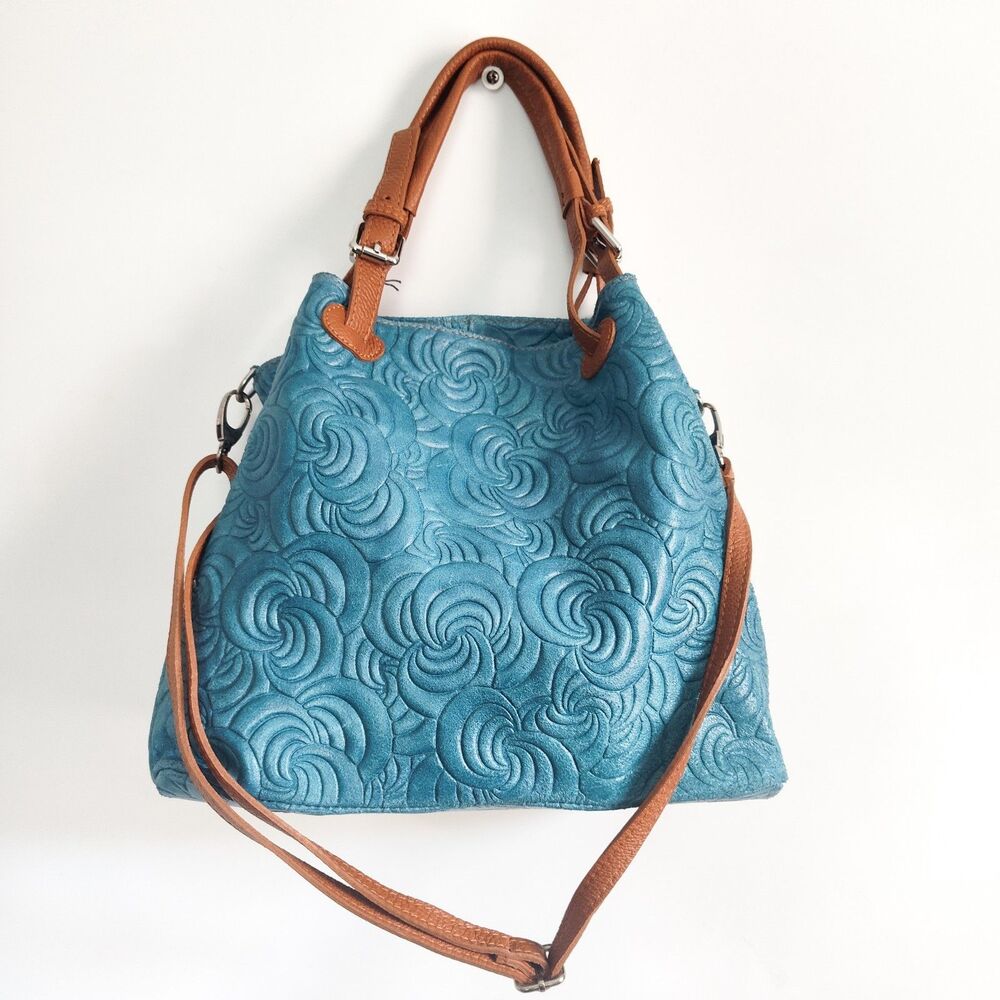New Massimo Castelli Shoulder Bag Rose Textured Leather Convertible Teal Tan Bag - Picture 5 of 14